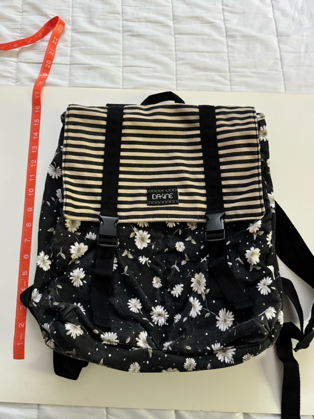 Dakine Black Daisy Print Backpack with Striped Flap